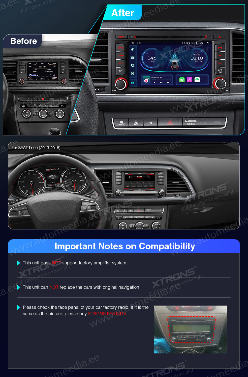 Seat Leon (2012-2019)  совместимость мультимедийного радио в зависимости от модели автомобиля