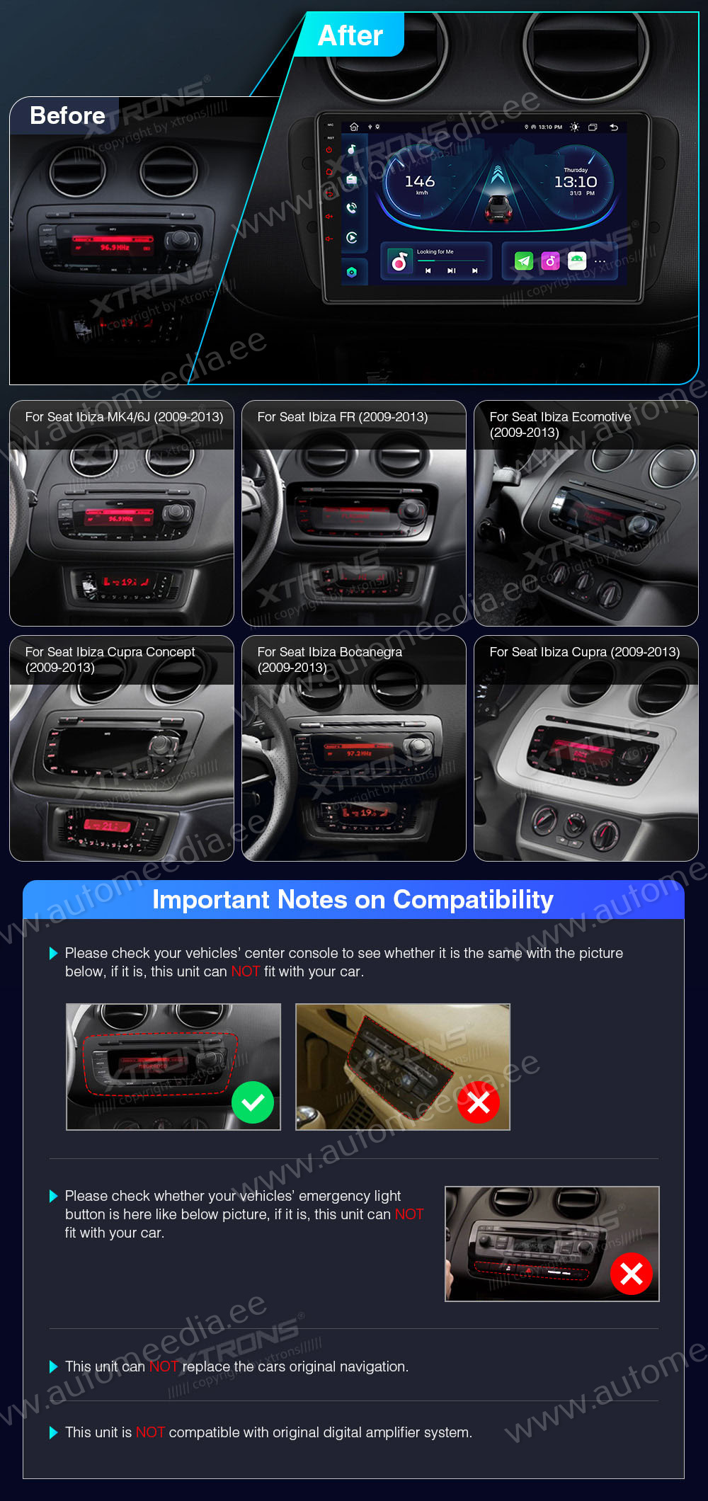 XTRONS Seat  mallikohtaisen multimediaradion soveltuvuus autoon