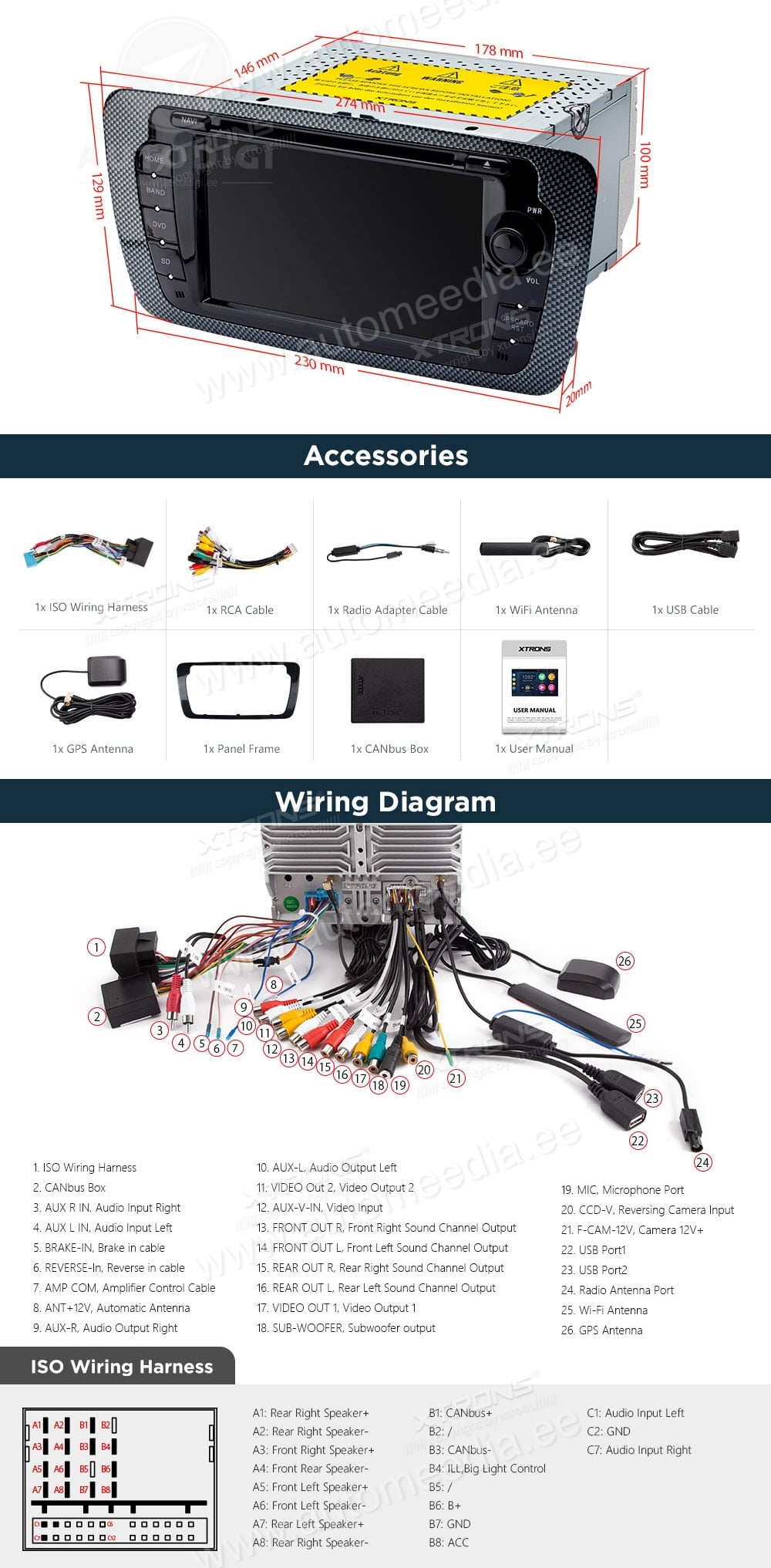 Seat Ibiza (2008-2014) XTRONS PSA70IBS XTRONS PSA70IBS Wiring Diagram and size