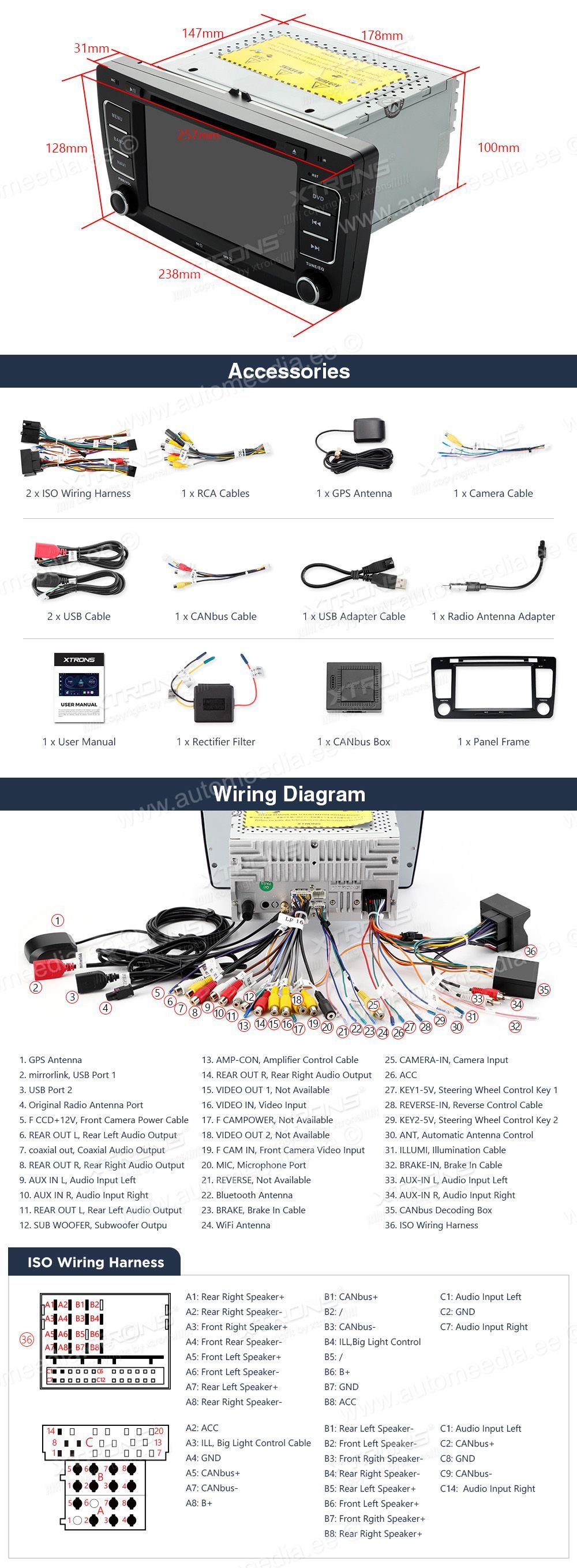 Skoda Octavia | Yeti (2008-2013) XTRONS PE71CTS XTRONS PE71CTS Wiring Diagram and size