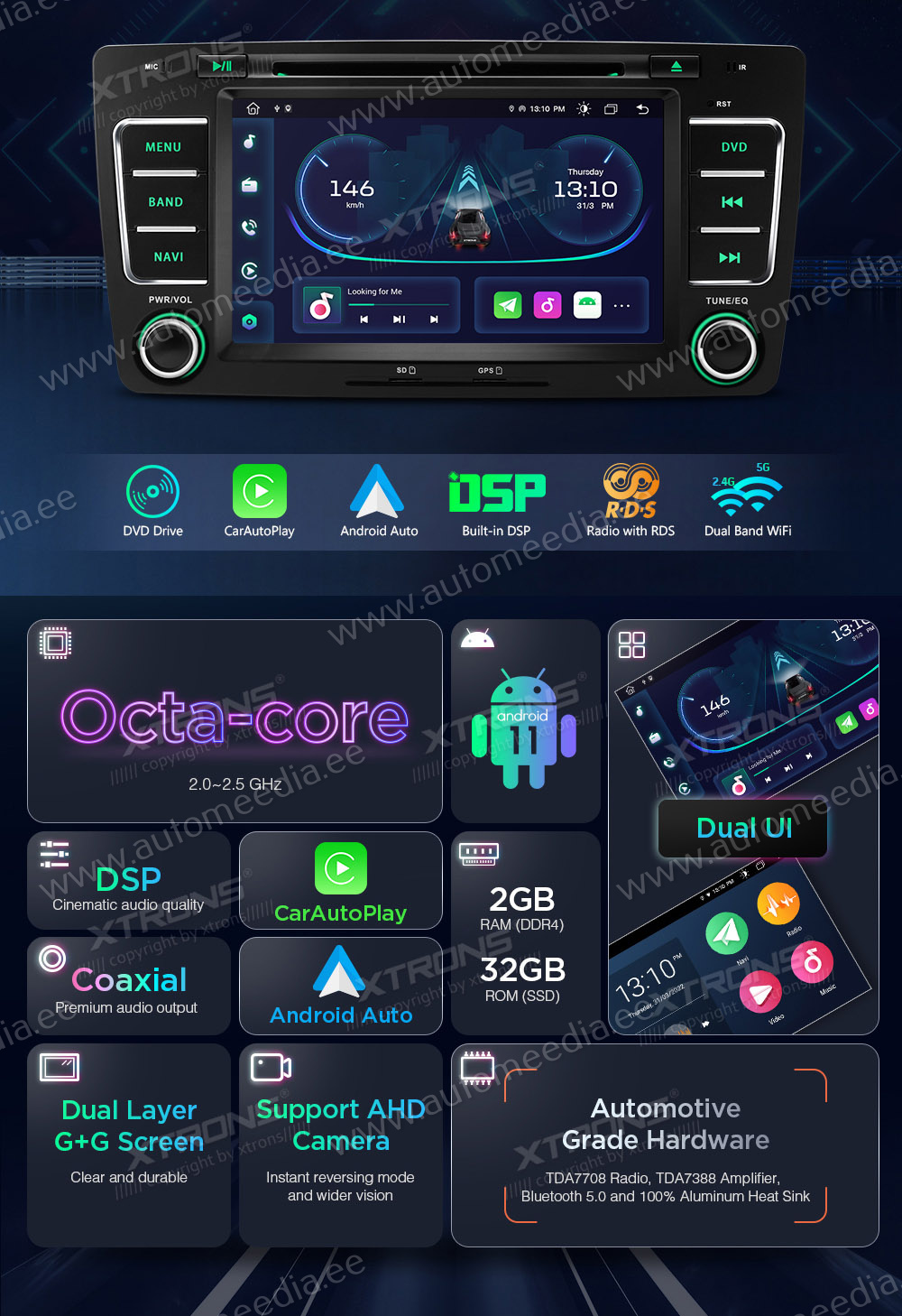 Skoda Octavia | Yeti (2008-2013)  XTRONS PE72CTS Car multimedia GPS player with Custom Fit Design
