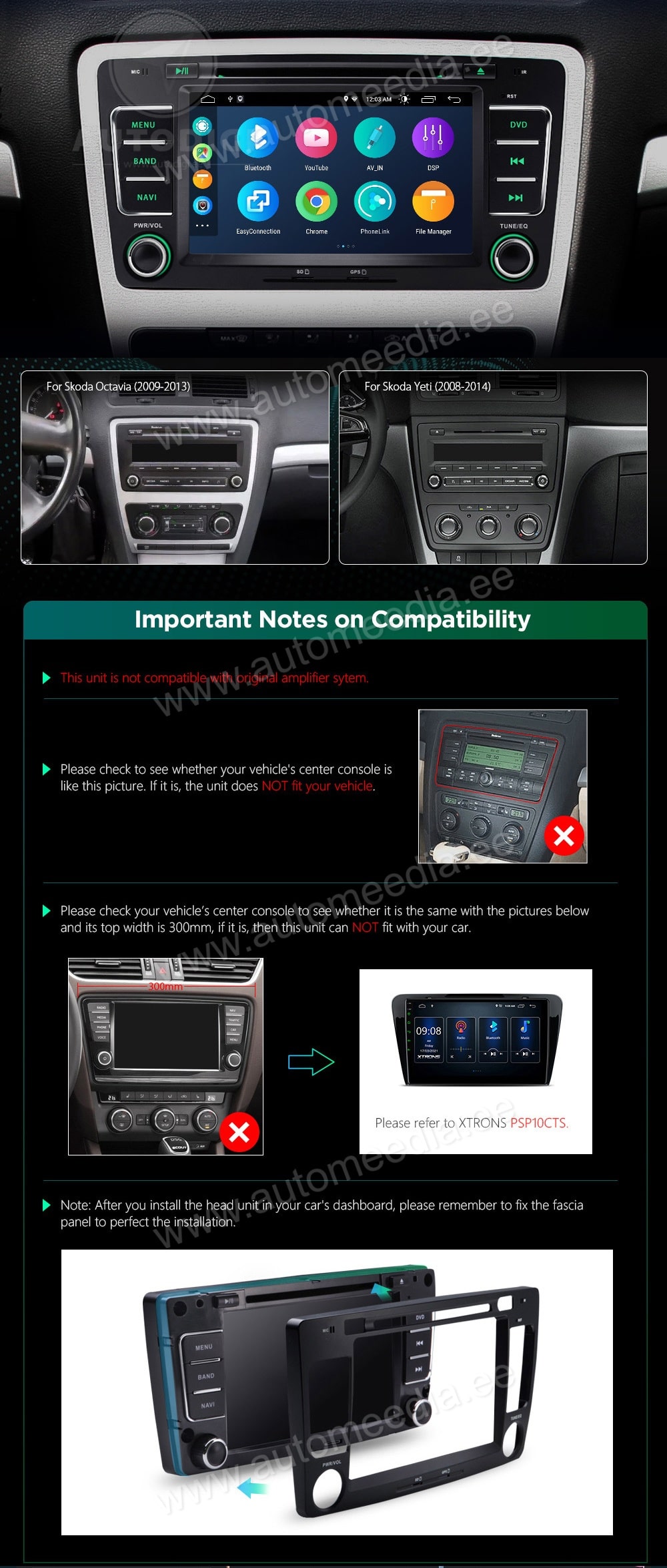 Skoda Octavia | Yeti (2008-2013) XTRONS PSA70CTS XTRONS PSA70CTS custom fit multimedia radio suitability for the car