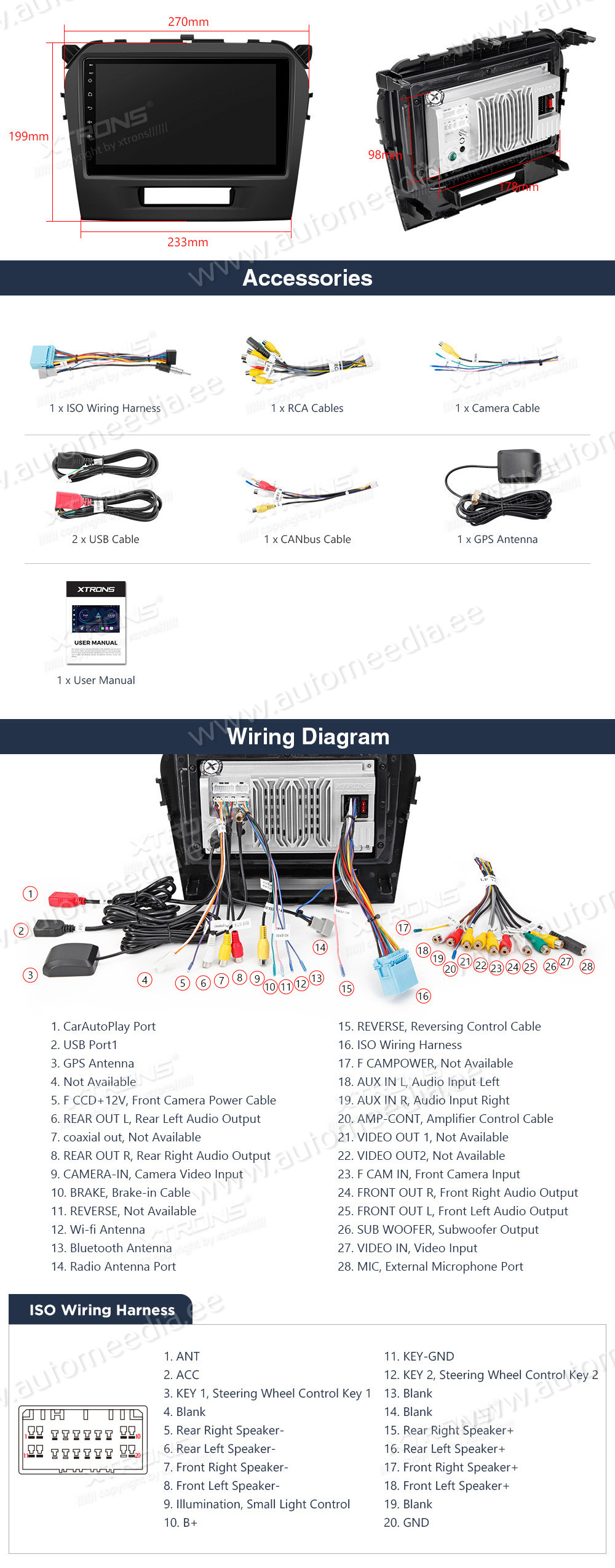 Suzuki Vitara (2015-2022)  XTRONS PEP91GVS XTRONS PEP91GVS Wiring Diagram and size