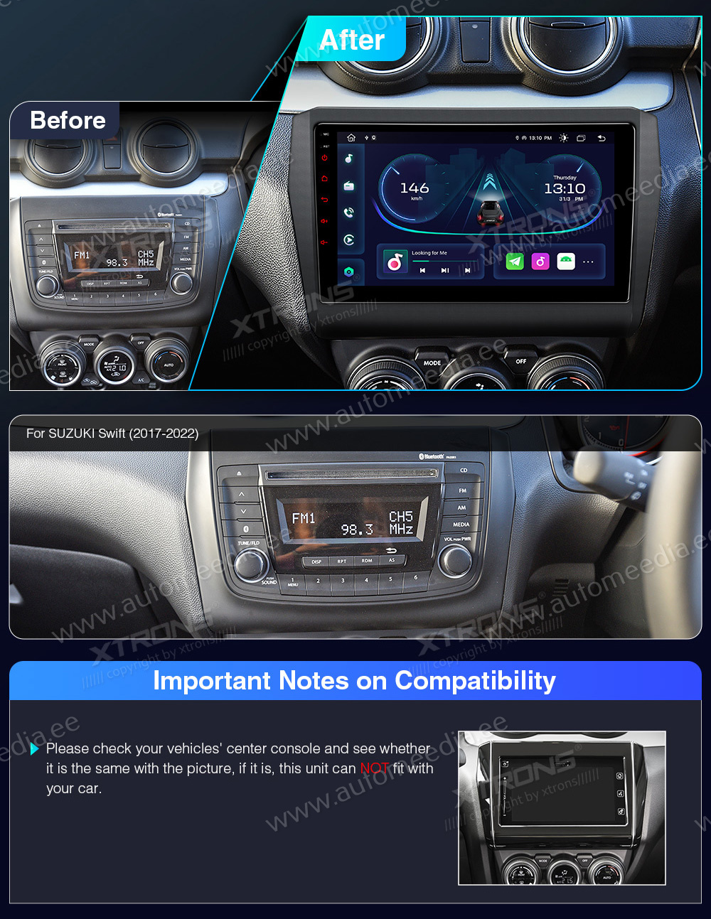 Suzuki Swift (2017-2022)  совместимость мультимедийного радио в зависимости от модели автомобиля