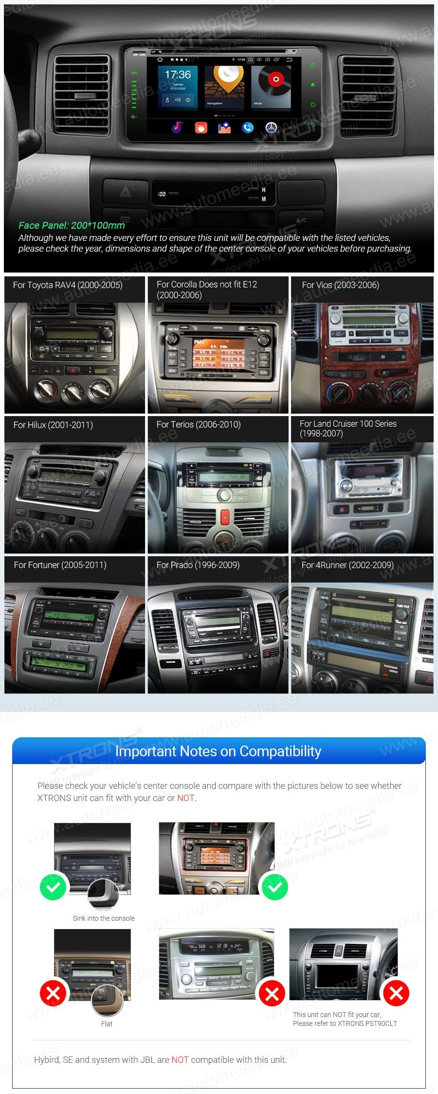 Toyota Hilux (2001-2011) | RAV4 (2000-2005) | LC100 XTRONS PBX70HGT XTRONS PBX70HGT совместимость мультимедийного радио в зависимости от модели автомобиля