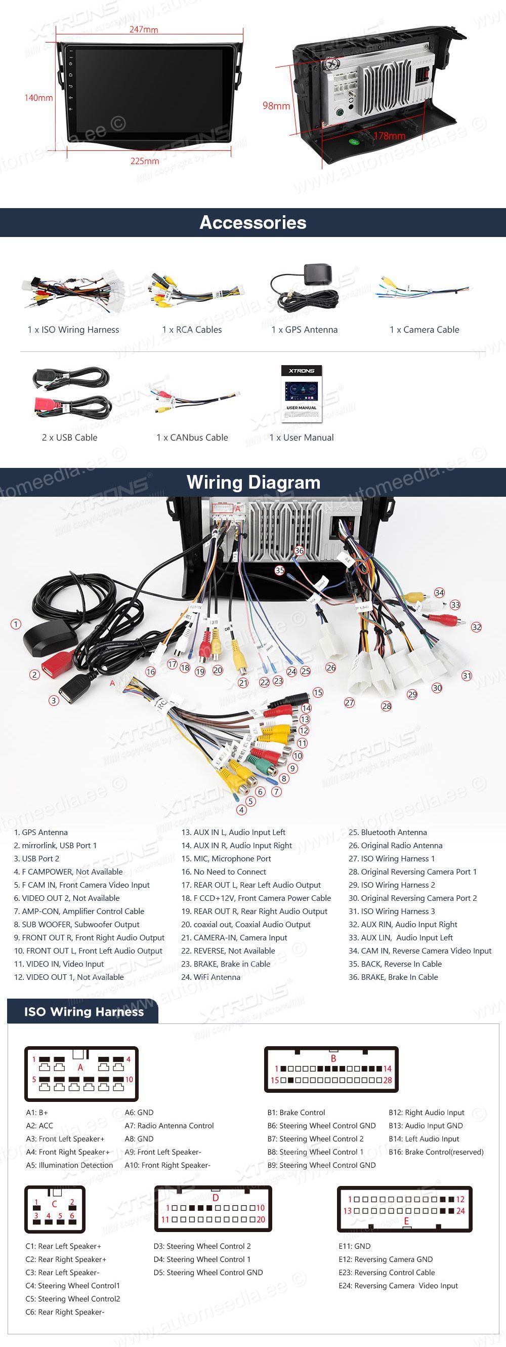 Toyota RAV4 (2009-2012)  XTRONS PEP91RVT XTRONS PEP91RVT Wiring Diagram and size