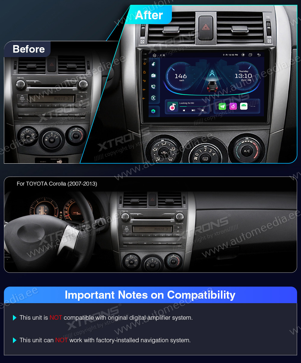 Toyota Corolla (2006-2013)  совместимость мультимедийного радио в зависимости от модели автомобиля