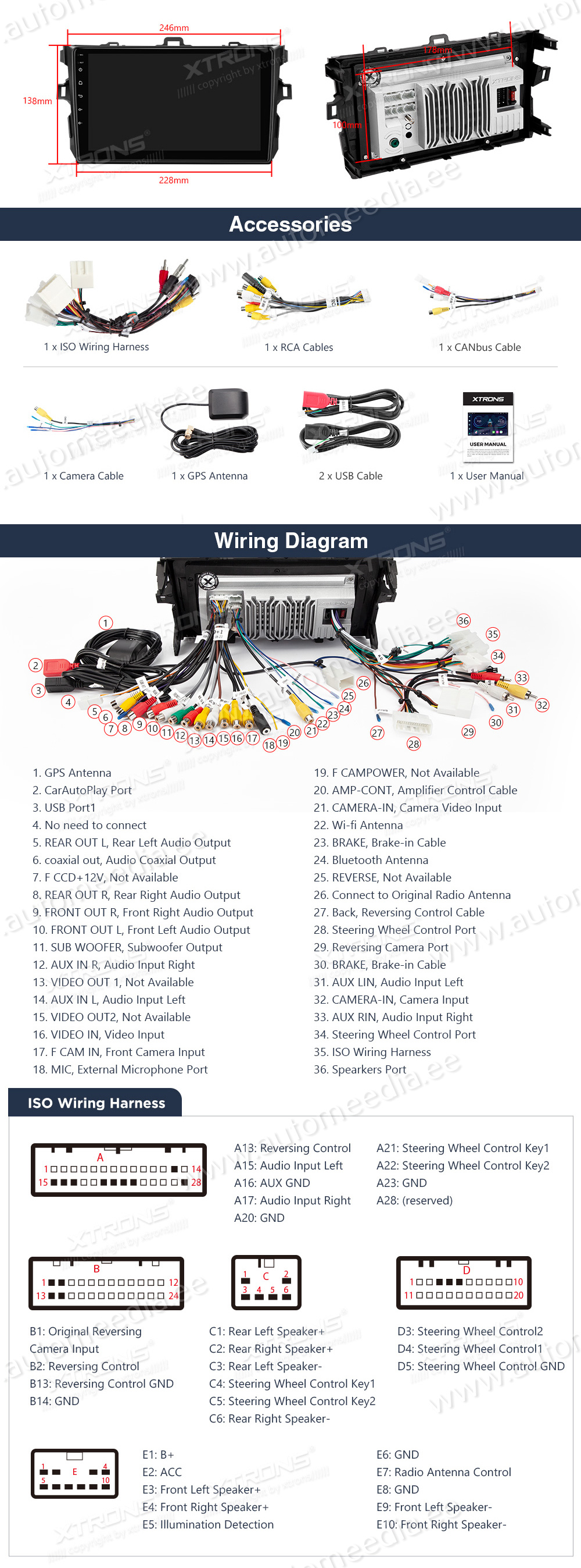 Toyota Corolla (2006-2013)  XTRONS PEP92CLT XTRONS PEP92CLT Wiring Diagram and size