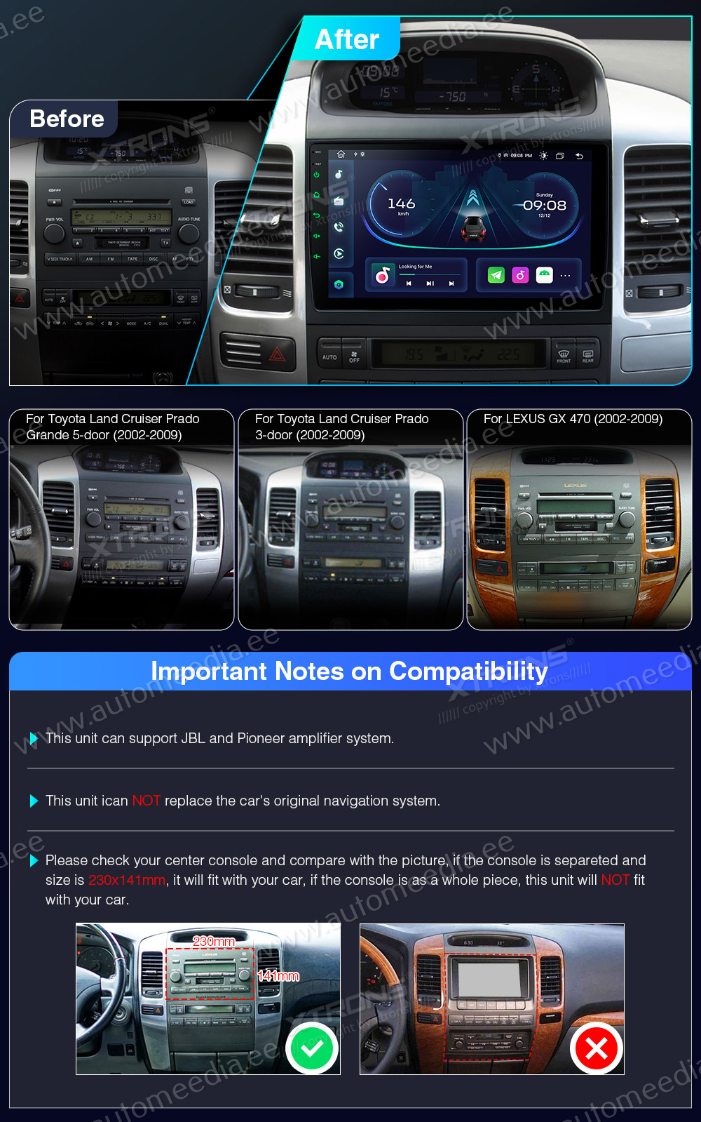 Toyota Landcruiser 120 (2002-2009)  совместимость мультимедийного радио в зависимости от модели автомобиля