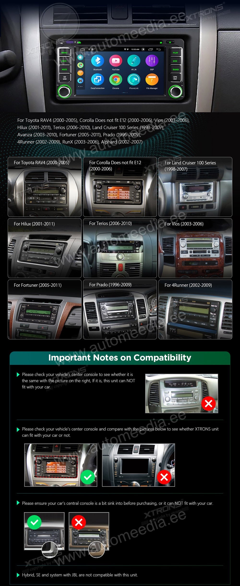 Toyota Hilux (2001-2011) | RAV4 (2000-2005) | LC100 XTRONS PSA60HGT XTRONS PSA60HGT mallikohtaisen multimediaradion soveltuvuus autoon
