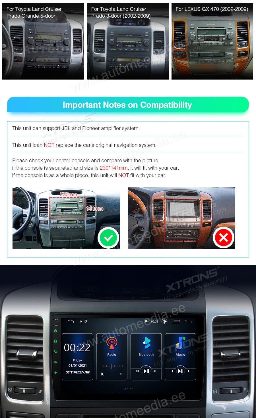 Toyota Landcruiser 120 (2003-2009) XTRONS PSP90CRT XTRONS PSP90CRT совместимость мультимедийного радио в зависимости от модели автомобиля