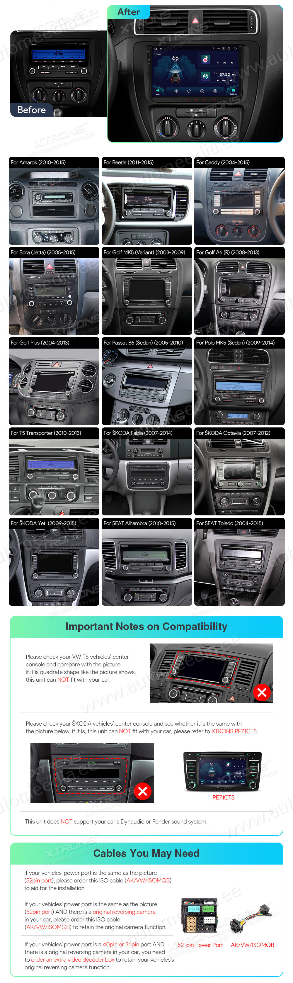 VW Passat B6 | B7 | Multivan | Transporter T5 | T6 | Amarok | Tiguan | Touran | Sharan  custom fit multimedia radio suitability for the car