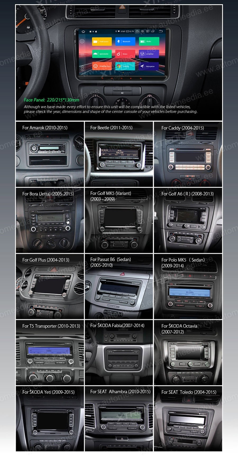 VW Passat B6 | B7 | Multivan | Transporter T5 | T6 | Amarok | Tiguan | Touran | Sharan XTRONS IN90MTVL XTRONS IN90MTVL mallikohtaisen multimediaradion soveltuvuus autoon