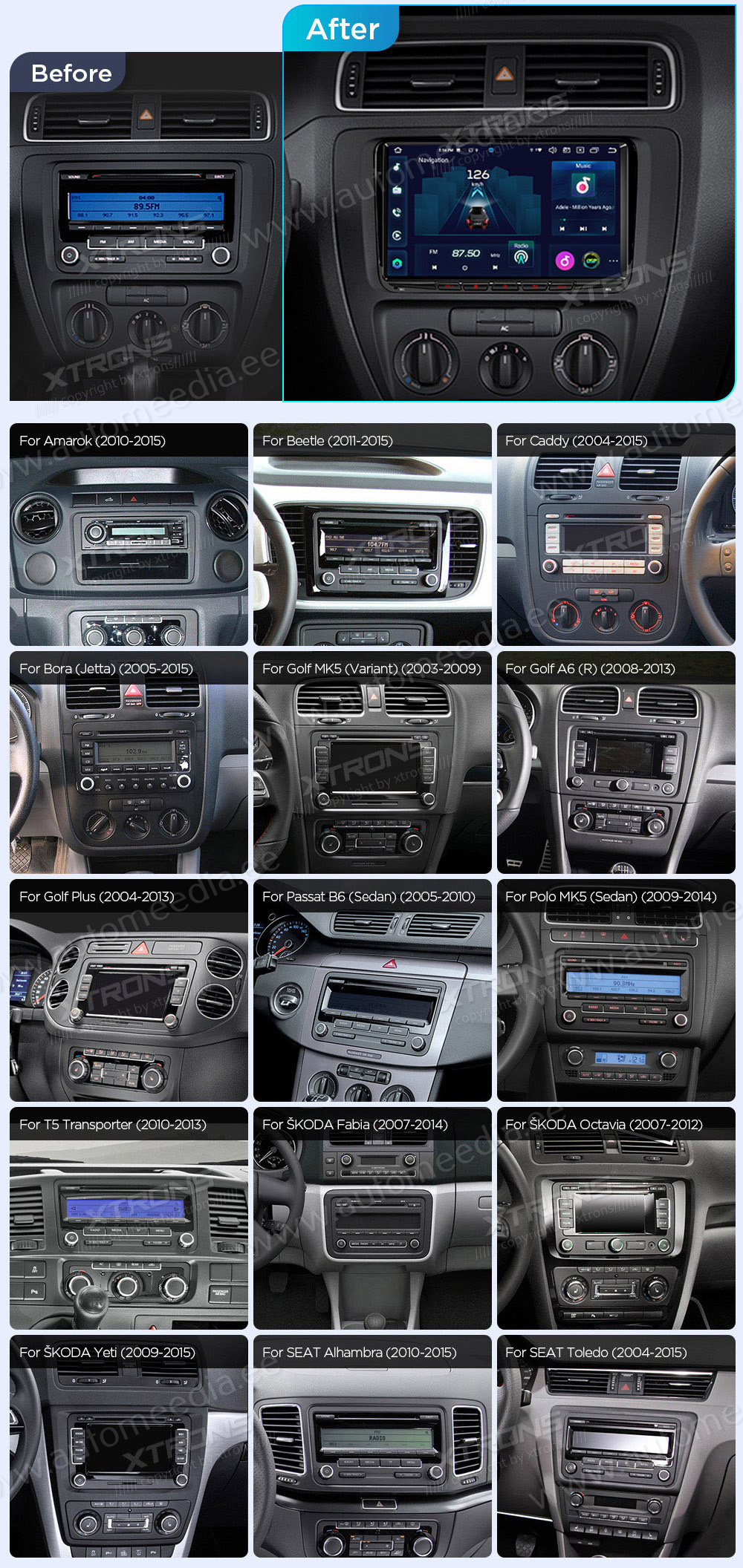 VW Passat B6 | B7 | Multivan | Transporter T5 | T6 | Amarok | Tiguan | Touran | Sharan  custom fit multimedia radio suitability for the car