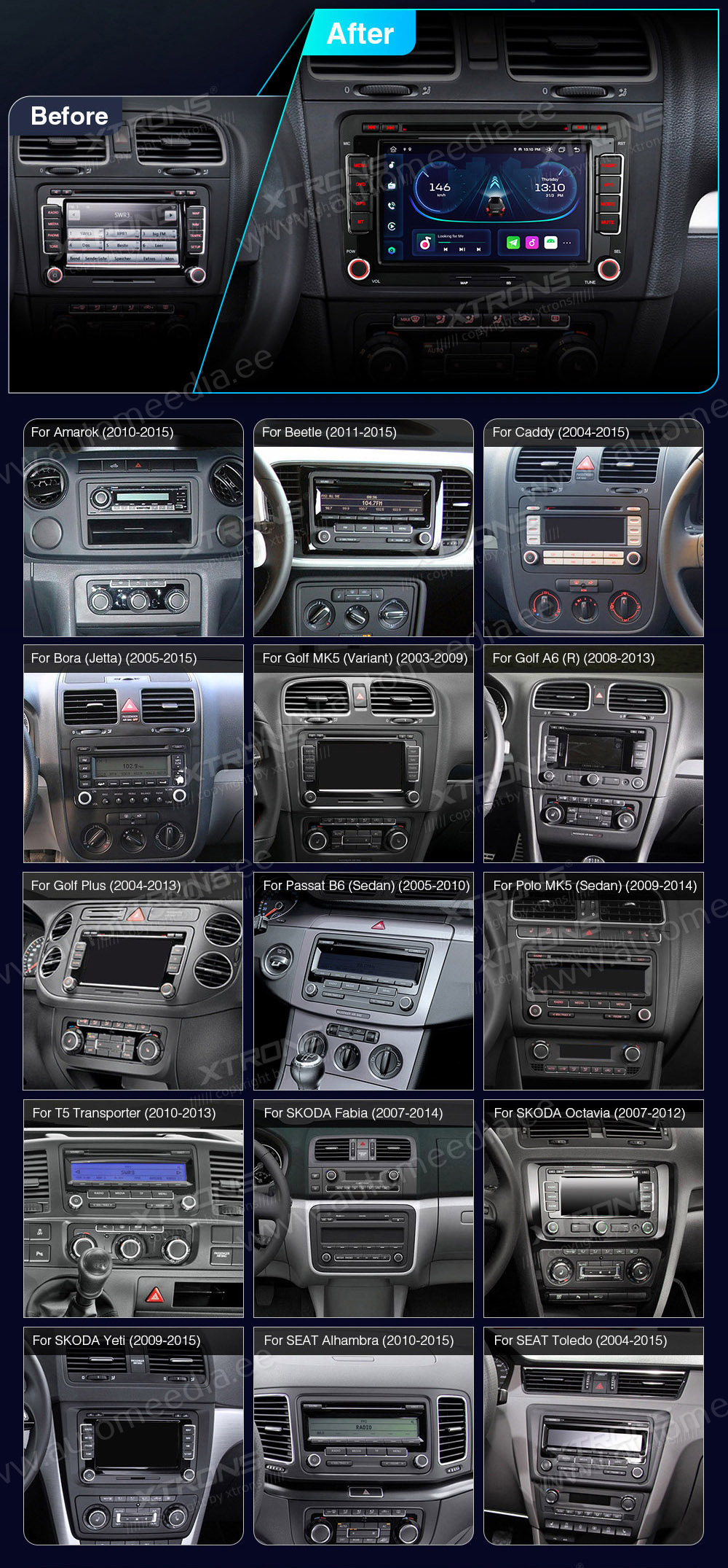 VW Passat B6 | B7 | Multivan | Transporter T5 | T6 | Amarok | Tiguan | Touran | Sharan  custom fit multimedia radio suitability for the car