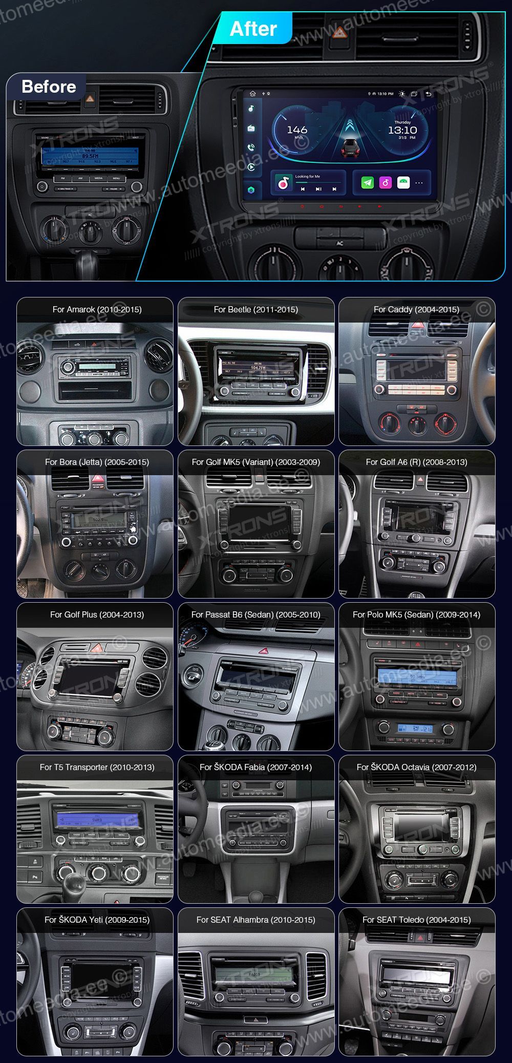 VW Passat B6 | B7 | Multivan | Transporter T5 | T6 | Amarok | Tiguan | Touran | Sharan  custom fit multimedia radio suitability for the car