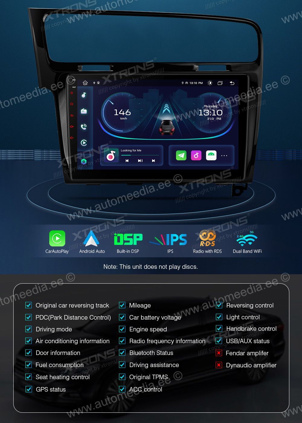 VW Golf 7 XTRONS PEP11GFV-LB merkkikohtainen Android GPS multimedia näyttösoitin
