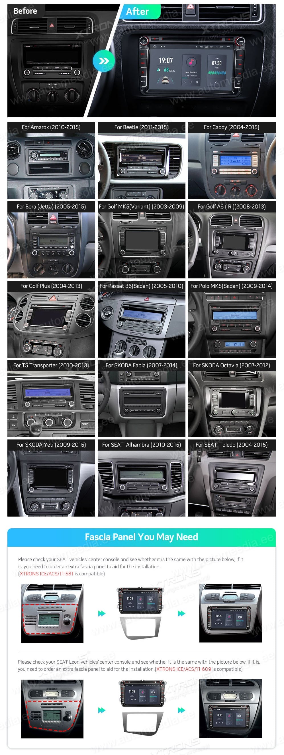 VW Passat B6 | B7 | Multivan | Transporter T5 | T6 | Amarok | Tiguan | Touran | Sharan XTRONS PQS80UNV XTRONS PQS80UNV custom fit multimedia radio suitability for the car