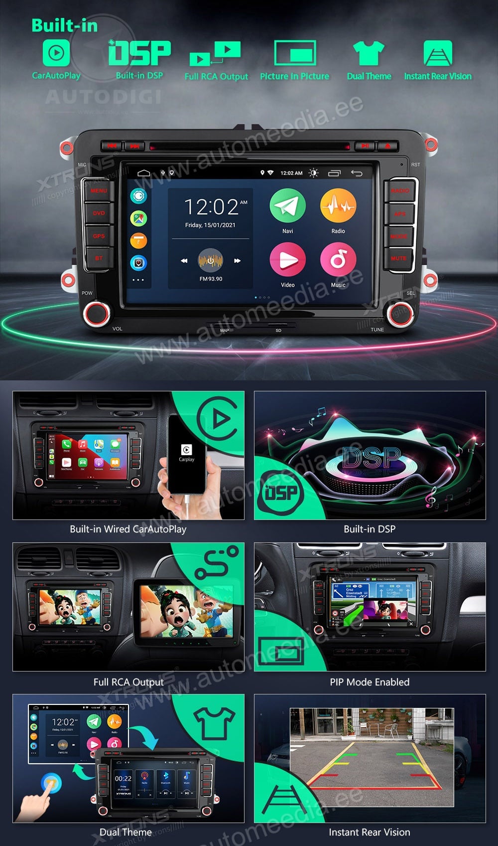 VW Passat B6 | B7 | Multivan | Transporter T5 | T6 | Amarok | Tiguan | Touran | Sharan XTRONS PSA70MTV merkkikohtainen Android GPS multimedia näyttösoitin