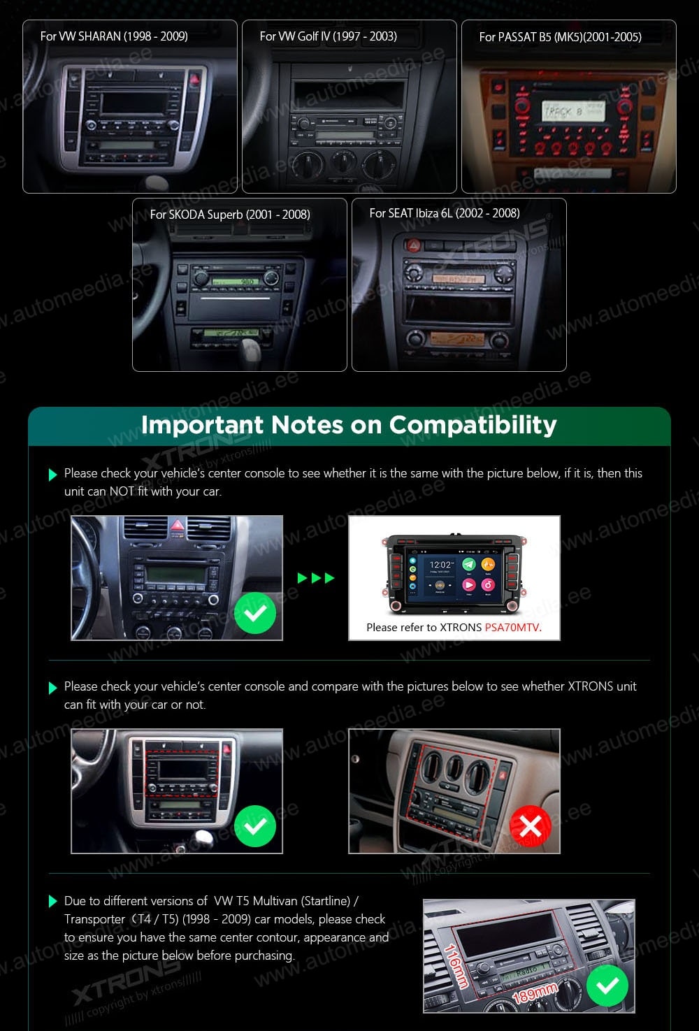 Volkswagen Transporter -09 | Passat B5 | Golf IV XTRONS PSA70MTW XTRONS PSA70MTW raadio sobivus autole