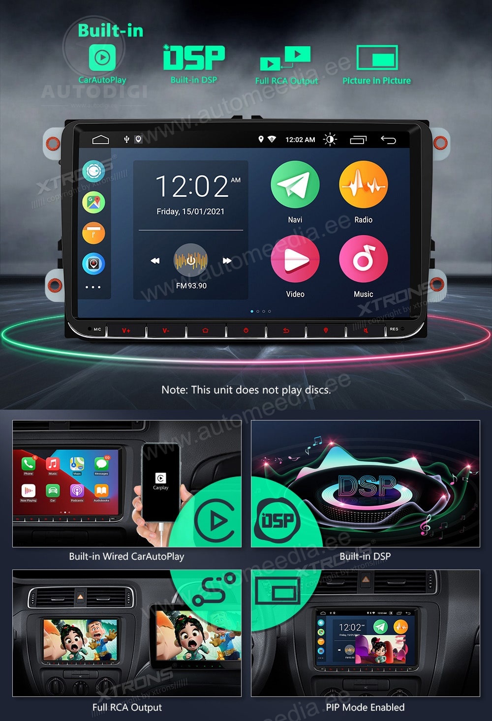 VW Passat B6 | B7 | Multivan | Transporter T5 | T6 | Amarok | Tiguan | Touran | Sharan XTRONS PSA90MTVL merkkikohtainen Android GPS multimedia näyttösoitin