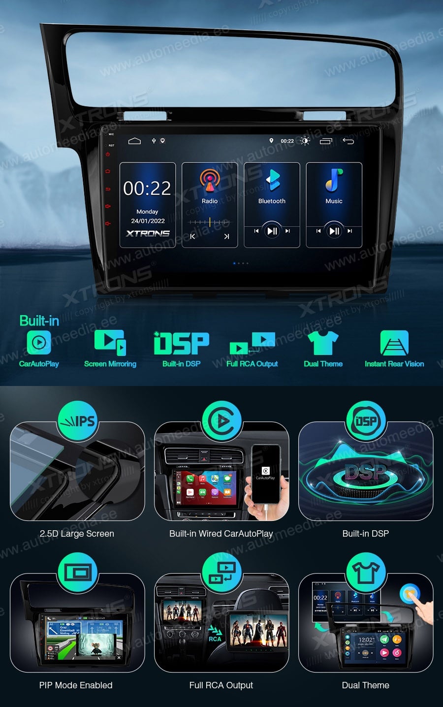 VW Golf 7  XTRONS PSP10GFV-LB merkkikohtainen Android GPS multimedia näyttösoitin